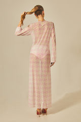 Long Sixty Dress in Pied de Poule Pink Print