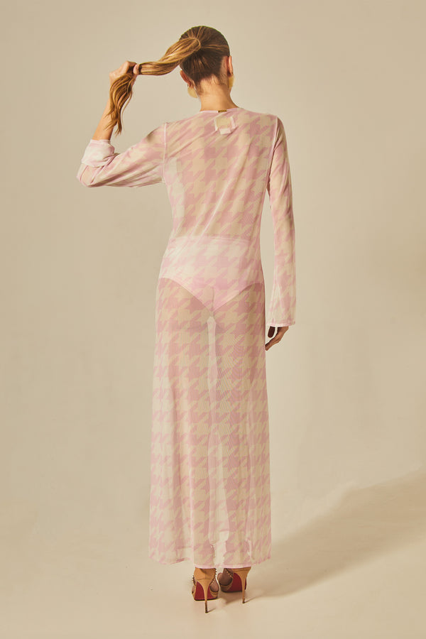 Long Sixty Dress in Pied de Poule Pink Print