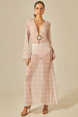 Long Sixty Dress in Pied de Poule Pink Print