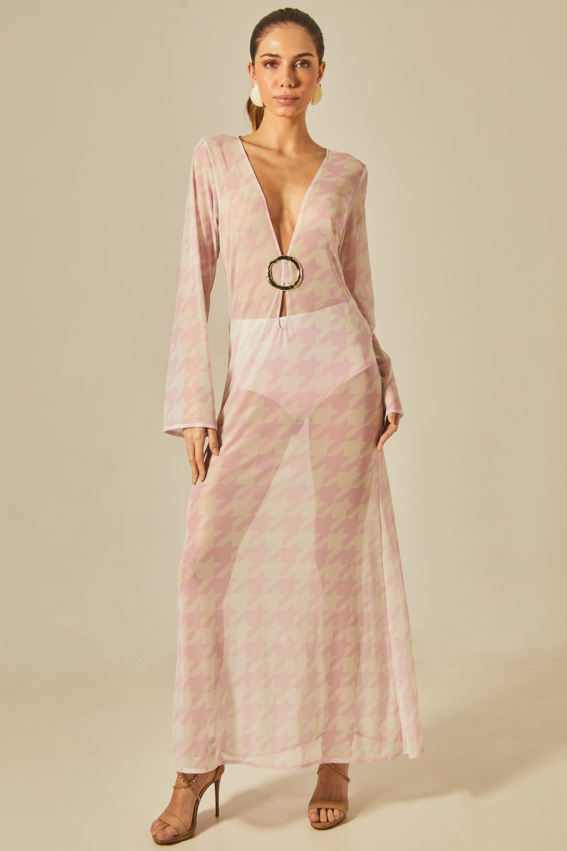 Long Sixty Dress in Pied de Poule Pink Print