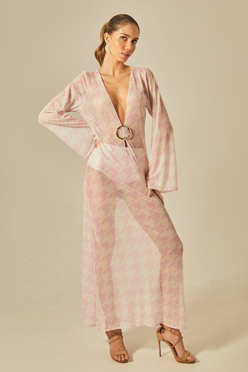 Long Sixty Dress in Pied de Poule Pink Print