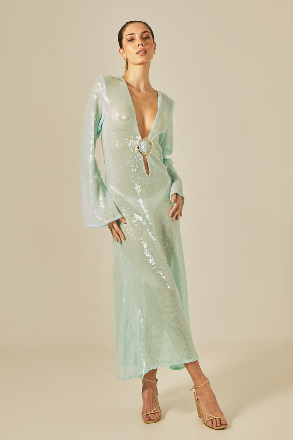 Sixty Long Sequin Dress Aqua Green