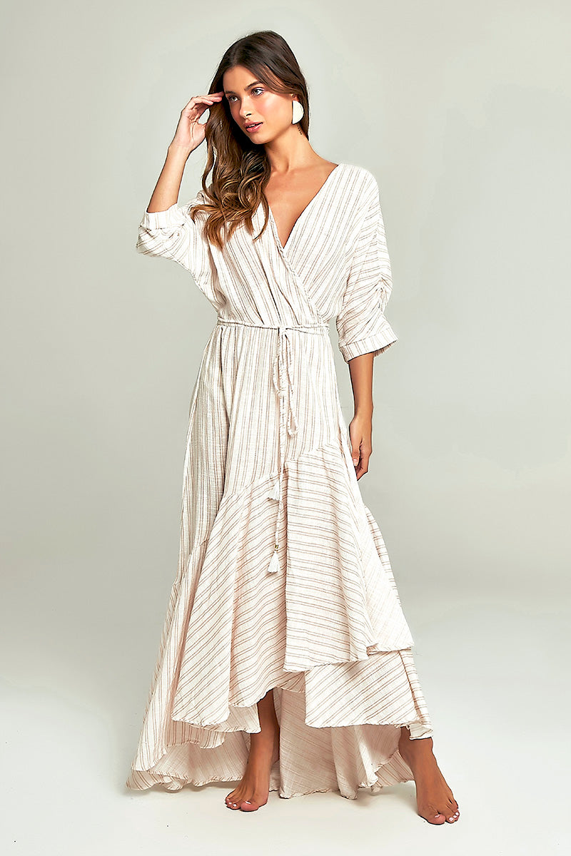 Wrap Dress in Khaki Stripes Print